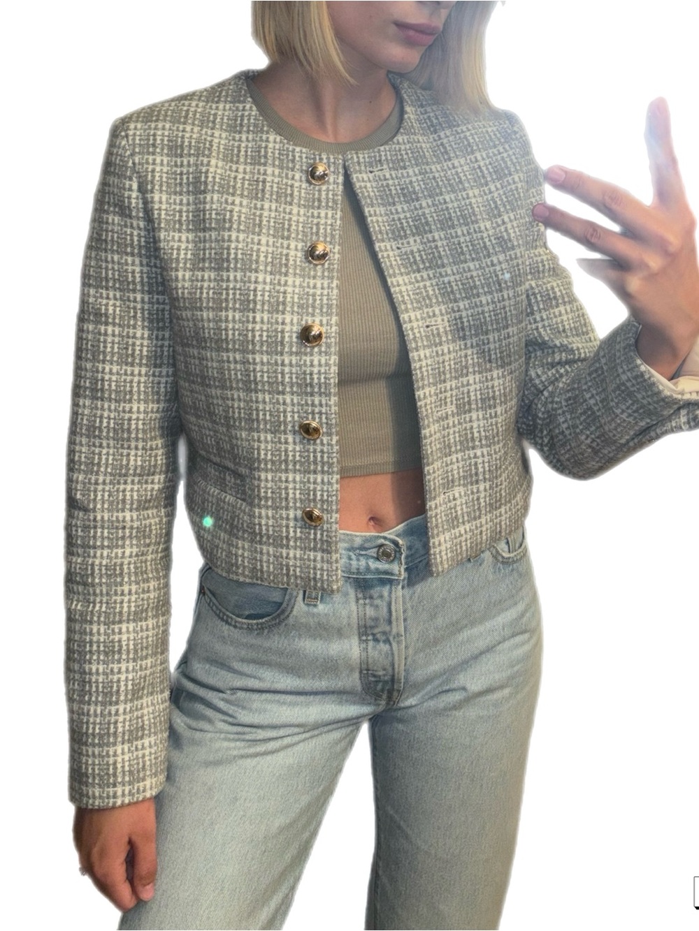 Dynamite Cropped Tweed Blazer in Light Gray